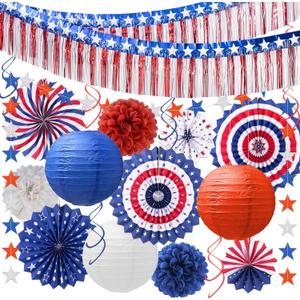 4th of July Decorations, 21-Pcs Red, White and Blue Patriotic Party Supplies, Foil Fringe Streamer, Star Garland, Paper Fans, Lanterns, Pom Poms, Hanging Swirls for Independence Day