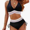 Blooming Jelly Women High Waisted Bikini Sets Tummy Control Swimsuits Color Block Two Piece Drawstring Bathing Suit,XL