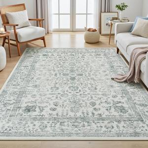 Floral 5x7 Area Rugs Washable, Vintage Bedroom Rug Aesthetic, Indoor Non-Slip Low Pile Soft Carpet for Living Room Kids Room Dorm Dining Room, Grey Green