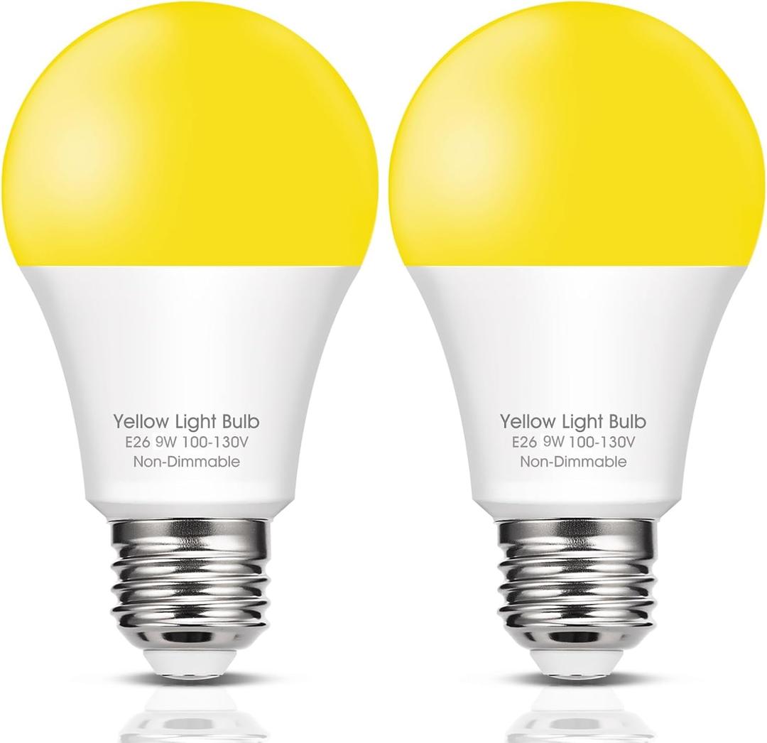 Dusk to Dawn Yellow Bug Light Bulbs Outdoor, 9W (60W Equivalent) Amber 2000K LED, Auto Sensor Light Bulb for Outside, Backyard, Porch, Bedroom, Auto On/Off, Non-Attracting, E26 Base, 2 Pack