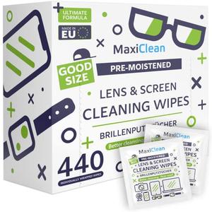 MAXI CLEAN 440 Pack Lens Wipes for Eyeglasses Pre-Moistened, Individually Wrapped Streak-Free Cleaning for Glasses & Laptop Screens, Glasses Cleaner Wipe Bulk 5.5 x 4.7 Inch, Sunglasses & Phone Wipe