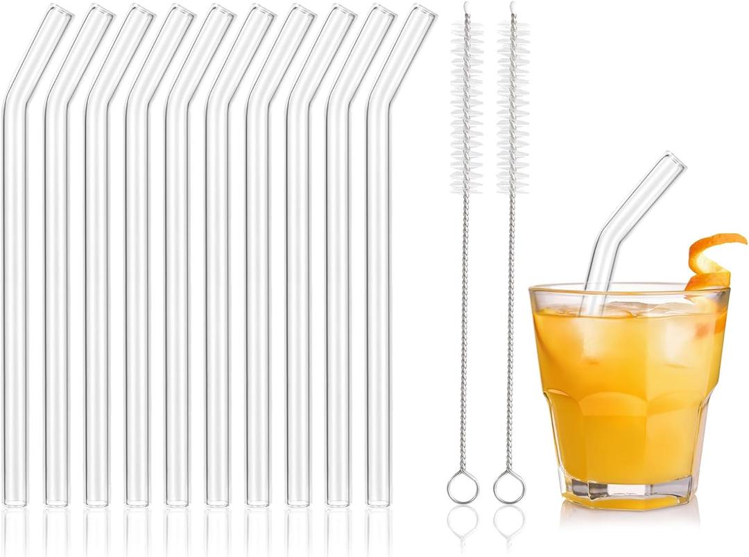 [10 Pcs] Reusable Short Bent Glass Straws - 6" x 10 mm Clear Glass Straws Shatter Resistant Cocktail Straw With 2 Cleaning Brushes for Whiskey,Coffee,Juice,Soda Drinks