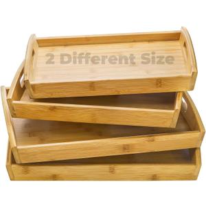 Peohud 4 Pack Bamboo Serving Trays with Handles, Rectangular Kitchen Food Tray for Eating, Dinner Trays for Eating on Couch, Wood Serving Platter for Breakfast, Tea, Bar, Restaurant, Party or Bed