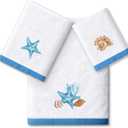 Peryiter 3 Pack Coastal Seashell Bath Towels Set -Cotton Starfish and Seashell Embroidery 1 Bath Towel 1 Hand Towel 1 Washcloth for Bathroom Kitchen Decorations Housewarming Gifts (White)