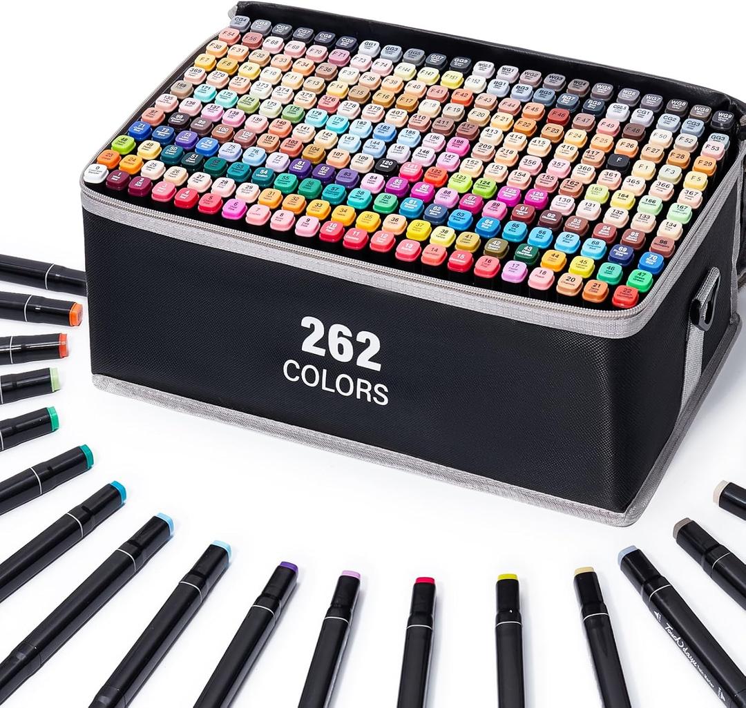 262 Colors Markers - Dual Tip Permanent Art Markers Set for Coloring Drawing Painting, Fine and Chisel Tip Based Pens with Carrying Case for Adult Artists