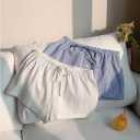 MakeMeChic Women's 2 Pack Linen Shorts Striped Gingham Summer Beach Pajama Boxer Shorts (Blue, L)