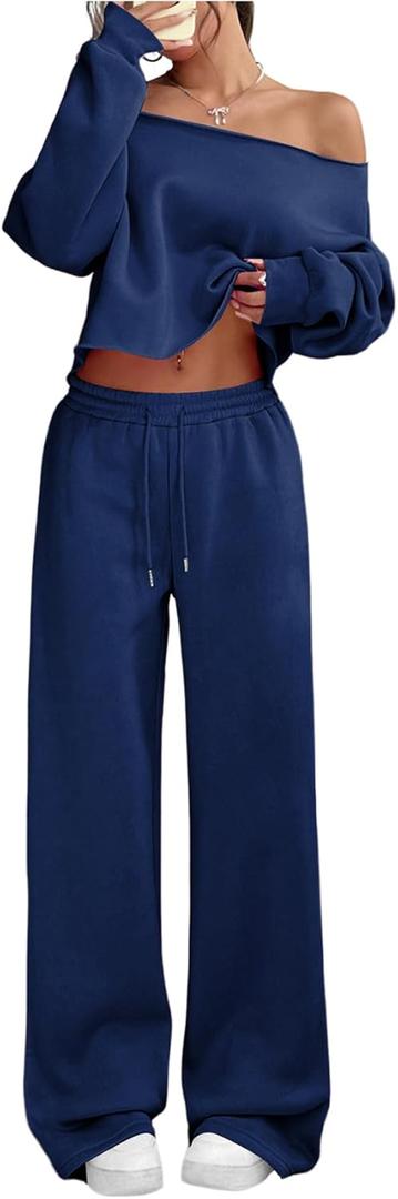 SOLY HUX Women's 2 Piece Outfits Fall Sweatsuits Off The Shoulder Crop Top Wide Leg Sweatpants Casual Matching Lounge Sets (Blue, M)