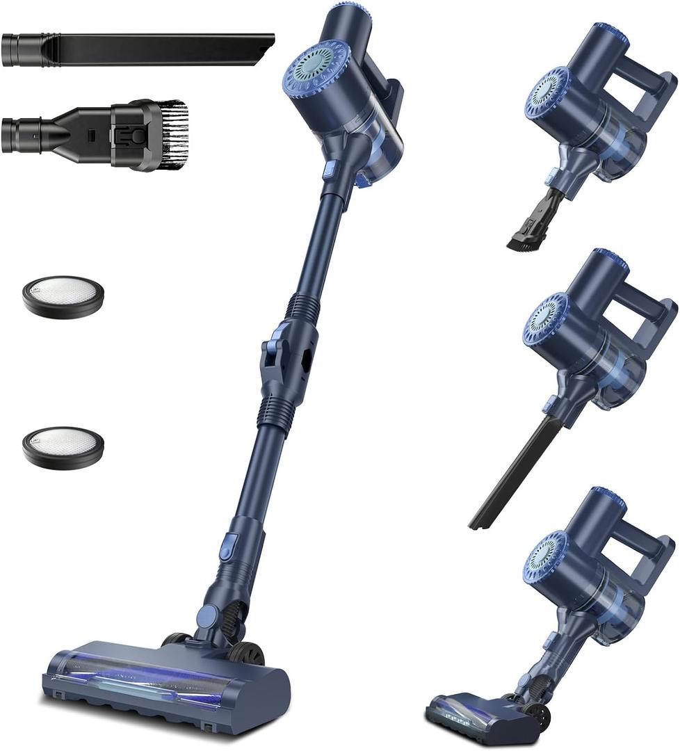 PRETTYCARELIFE Cordless Vacuum Cleaner, Lightweight Stick Vacuum Cleaner, 6 in 1, Self-Standing with Powerful Suction, 180 Bendable Wand Rechargeable Cordless Vacuum for Hardwood Floor (Blue)