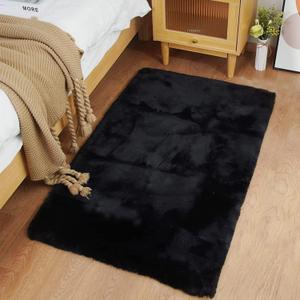 Ghouse Ultra Soft Faux Rabbit Fur Rug, Machine Washable Area Rugs for Bedroom Fluffy Rugs for Living Room, no-Shedding Carpet Sheepskin Rug Black 2x3 Feet