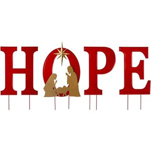 Glitzhome 32" H Lighted Metal Hope Garden Stakes, Christmas Garden Ornaments Yard Stake, Standing Decor or Wall Dcor Decorative Sign for Xmas Indoor Outdoor Decorations