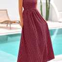 PRETTYGARDEN Women's 2026 Summer Spaghetti Strap Maxi Dresses Plaid Square Neck A Line Casual Beach Vacation Long Sundress (Red, L)
