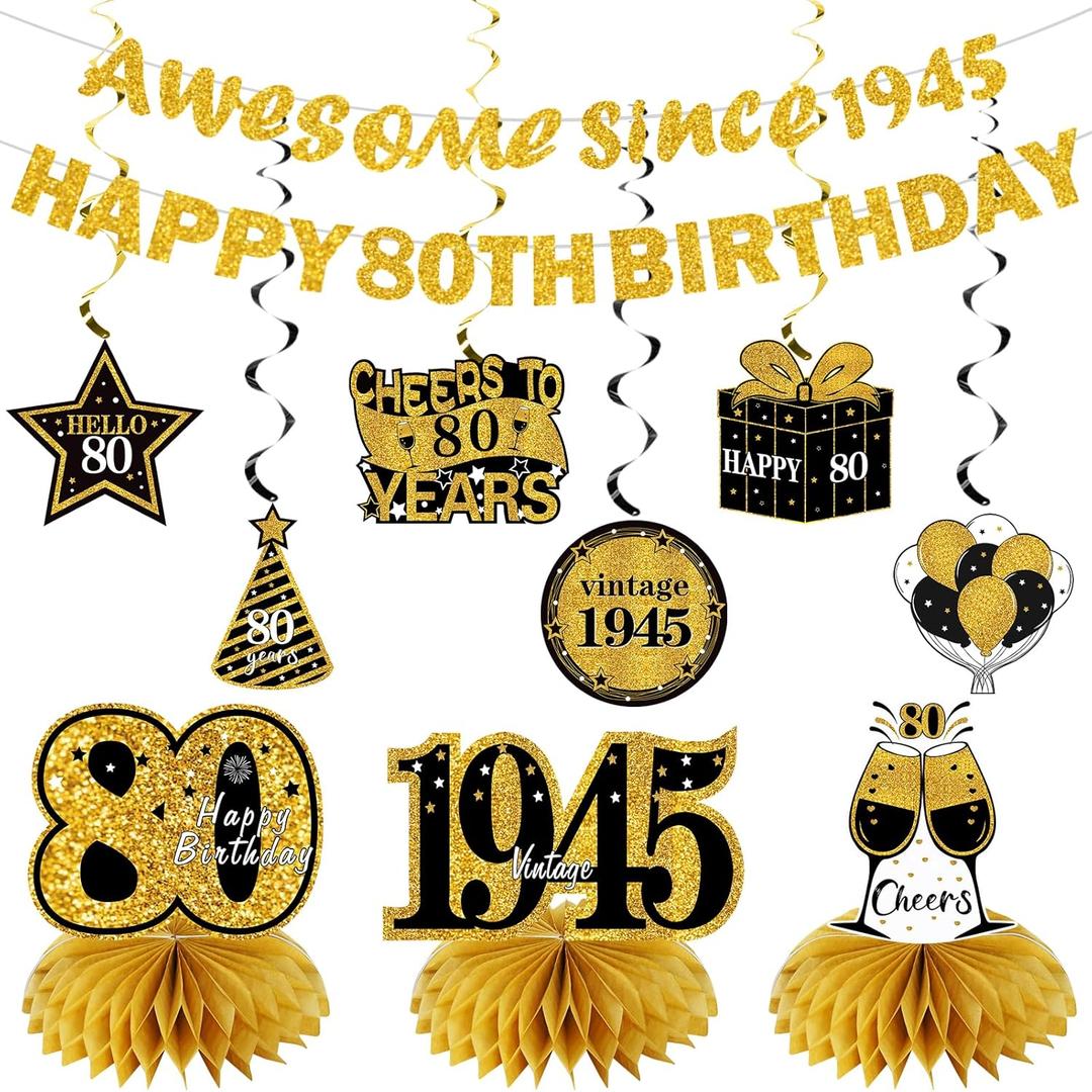 11Pcs 80th Birthday Decorations Kit for Men Women, Black Gold Happy 80th Birthday Banner, Awesome Since 1945 Centerpieces Swirls Party Supplies, Eighty Bday Banner Ceiling Table Topper Sign