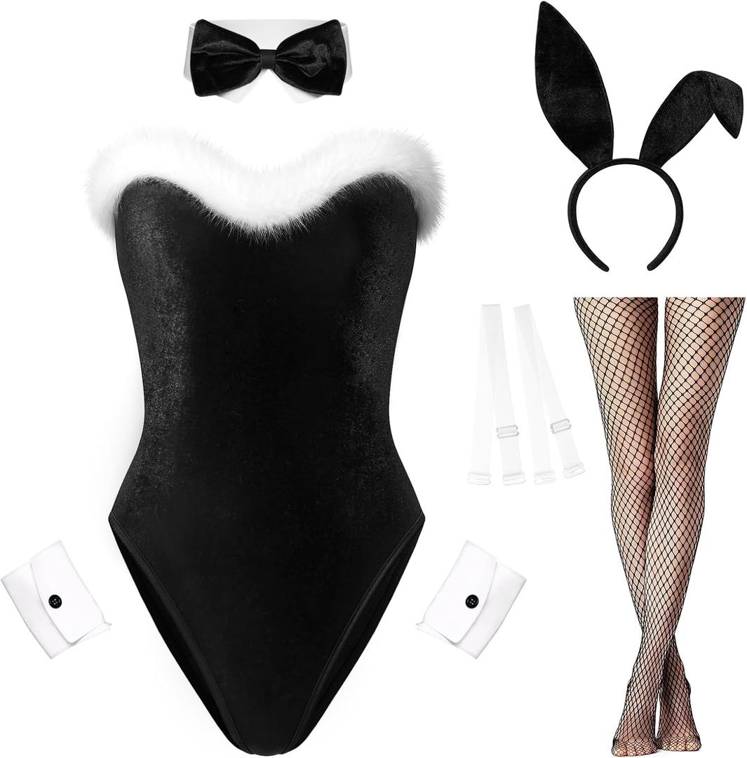 RSLOVE Sexy Bunny Costume Set - 7 PCS One Piece Women Lingerie Teddy Bodysuit Stockings Set for Cosplay, XL