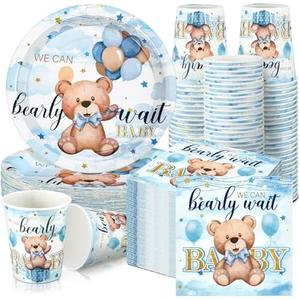 Hushee 200 Pcs Blue Bear Baby Shower Paper Plates Napkins Cups Baby Shower Party Supplies Tableware Set Bear Theme Disposable Cup Napkin for 50 Guest Boy Sets Spring Party Decoration Boy Girl