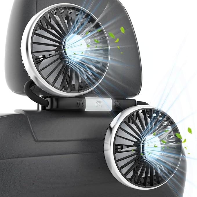 USB Car Fan for Backseat: Dual Rearseat Fans for Kids Separated Controlled Heads Rotatable Cooling 3 Speeds DC 5V/2A Auto Cooler for Honda Civic Ford Toyota Wranger Sahara Grand Cherokee