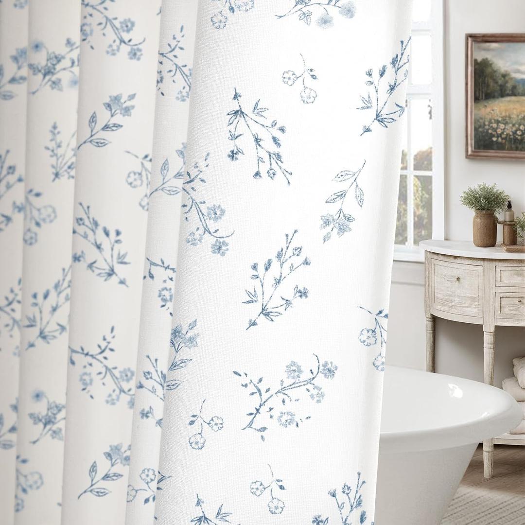 Blue Floral Farmhouse Vintage Cotton Shower Curtain, French Country Shower Curtains for Bathroom, 72Wx72H