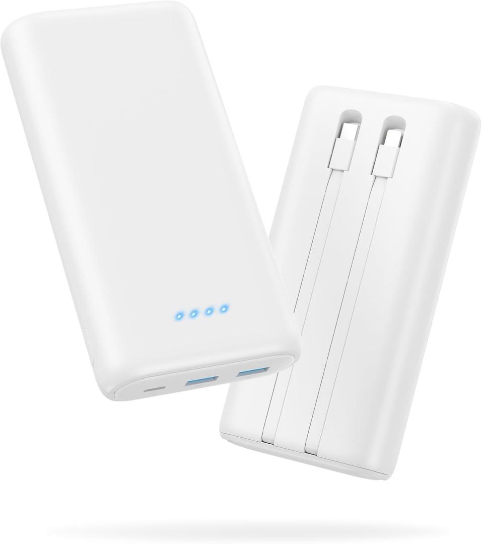 Portable Charger 40,800mAh Power Bank 25W Portable Battery Pack with 2 Built in Cables [2024 Upgraded], PD QC4.0 Fast Charging Portable Phone Charger Compatible with iPhone 16/15,Android Samsung-White