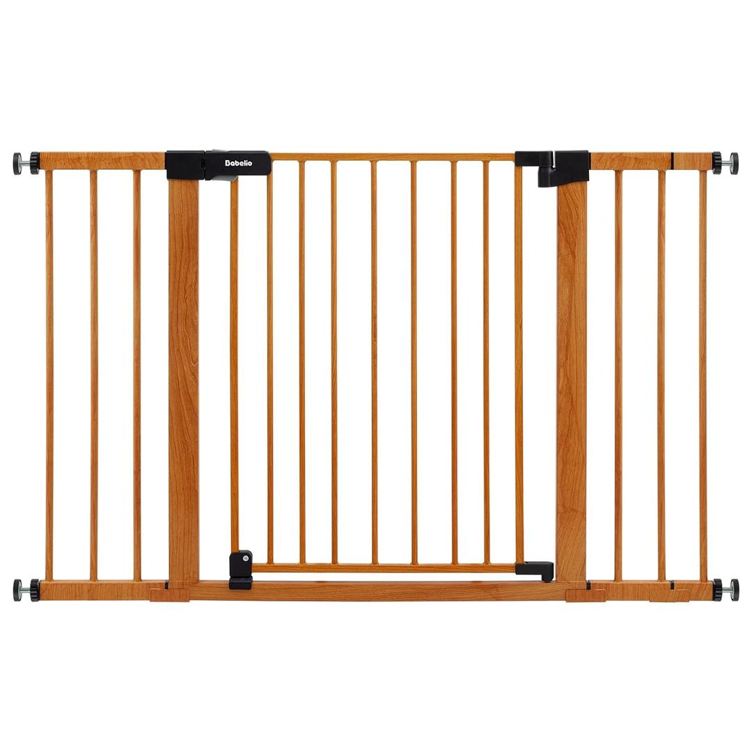BABELIO 29-48" Metal Baby Gate with Brown Wood Pattern, Auto Close Dog Gate PressGuard P7 for The House, Stairs and Doorways, Pressure Mounted Pet Gate with Door, Safety Gate for Child and Pets (30"Tall 29"-48" Wide)