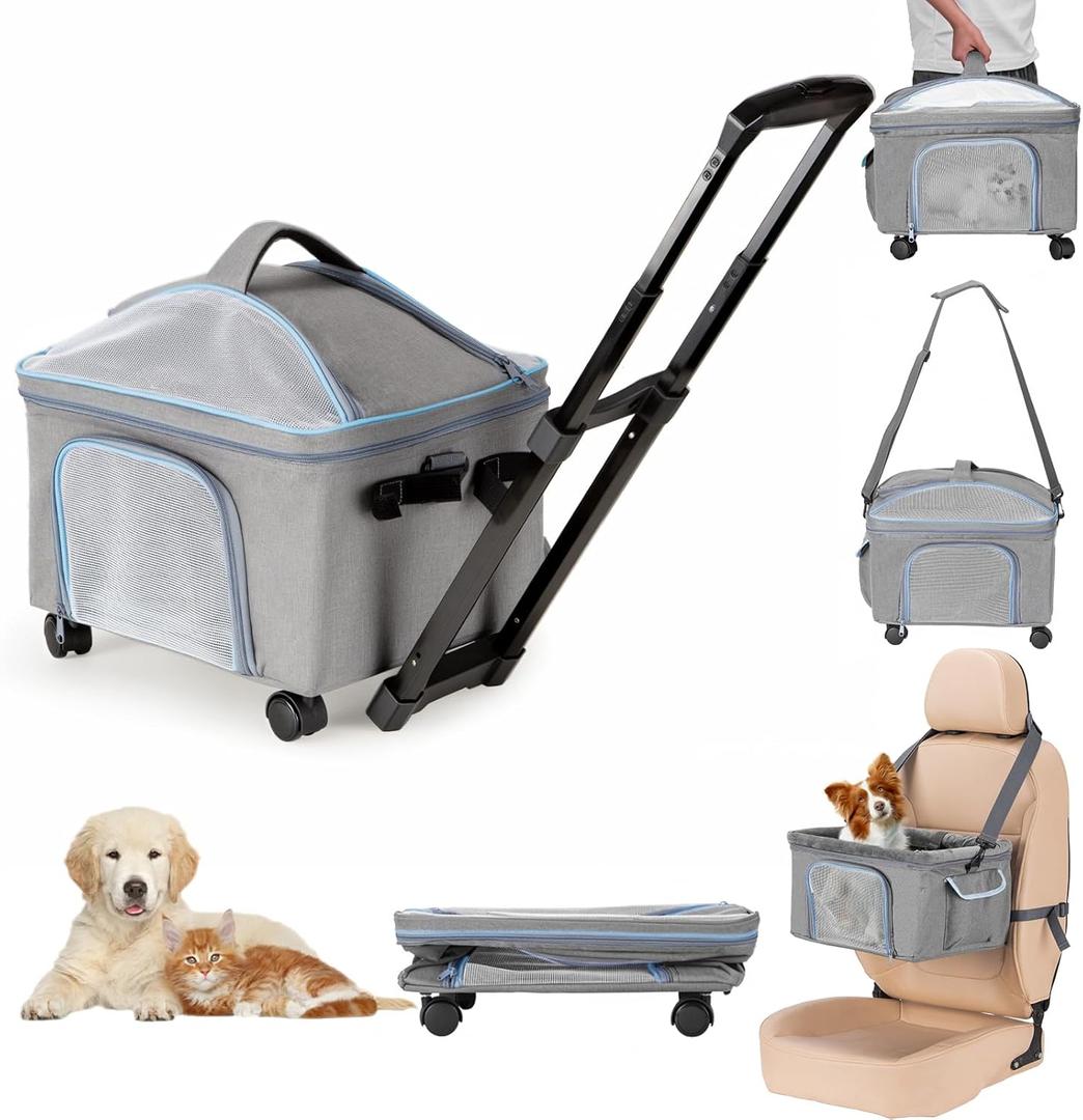 Pet Carrier for Small Dog Cat, Cat Dog Carrier with Wheels Soft Sided Dog Rolling Crate Cat Travel Bag up to 20 Lbs Pet Strollers for Small Pets (Grey)