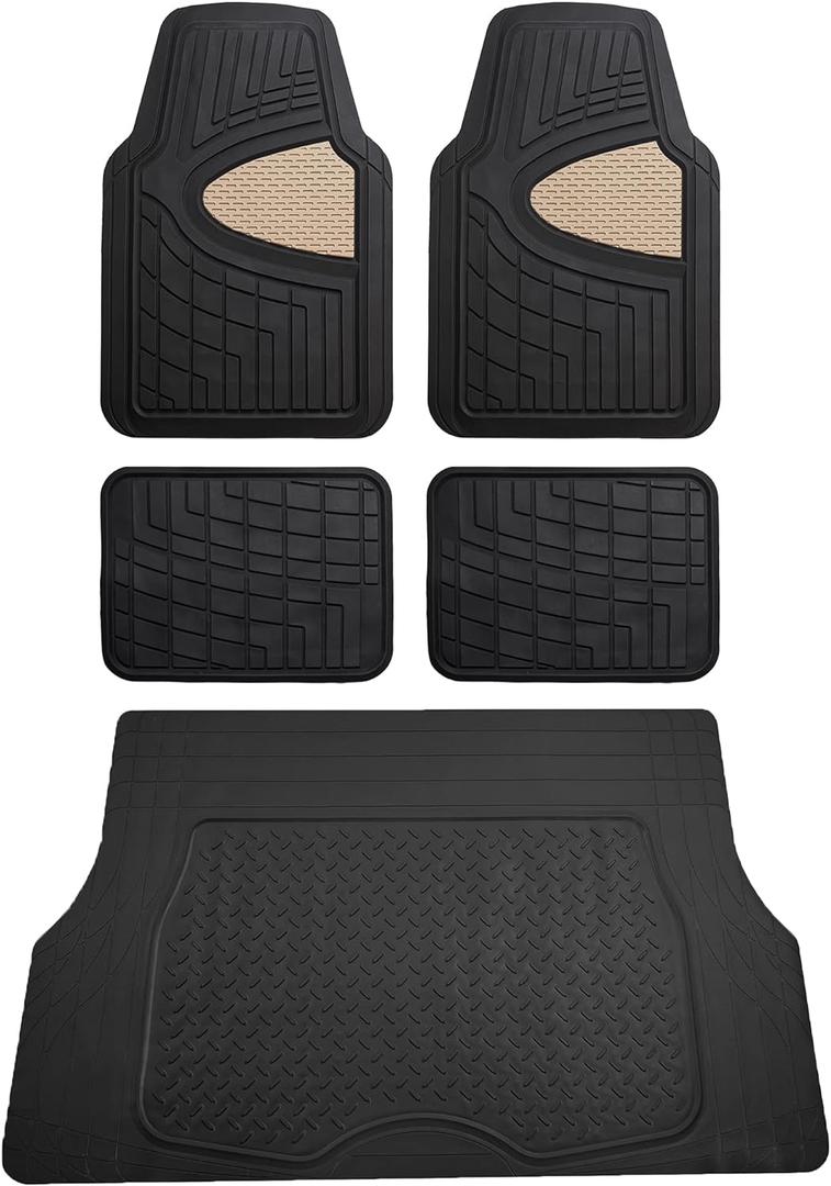 FH Group Premium Liners Tall Channel Trimmable All Weather Rubber Full Set Car Floor Mats (Beige) w. Trimmable All-Season Cargo Liner (Black) - Universal Fit for Cars Trucks and SUVs