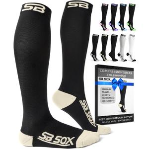 SB SOX Compression Socks for Men & Women (20-30 mmHg) - Best Support Stockings for Travel, Medical, and Sports - Perfect for Everyday Wear (Medium, Black/Beige)