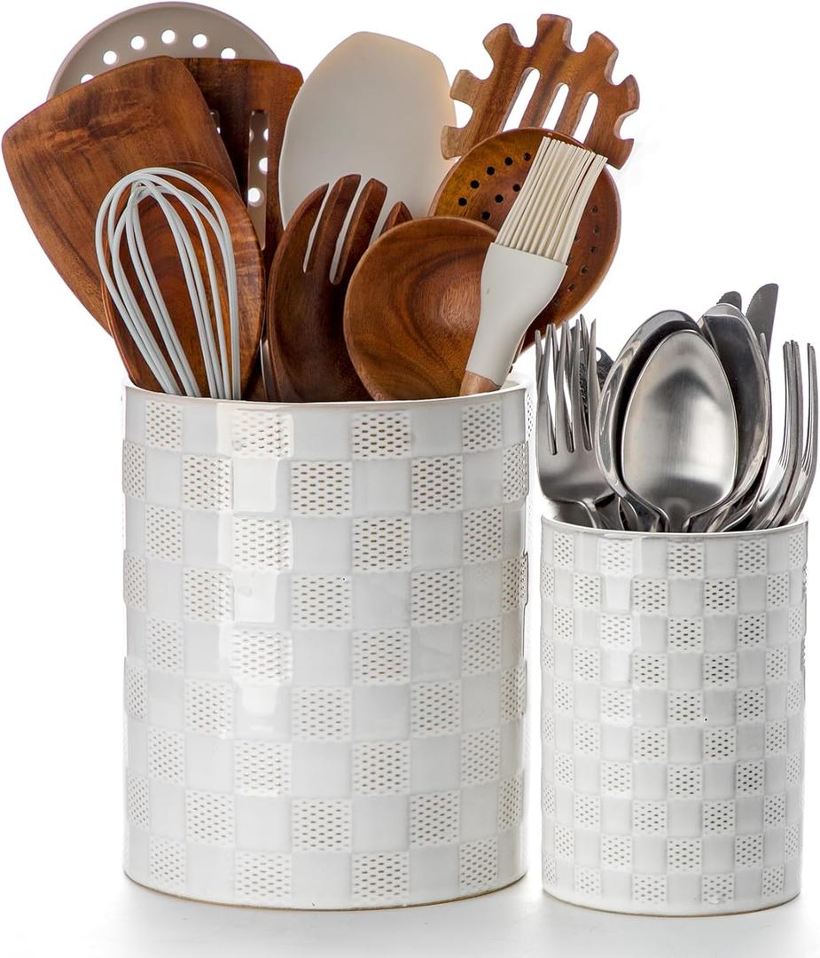 Nucookery Utensil Holder, Extra Large Ceramic Utensil Crock for Kitchen Counter, Stable Spatula & Flatware Organizer, Farmhouse Embossed Kitchen Decor, Set of 2 (Checkered)