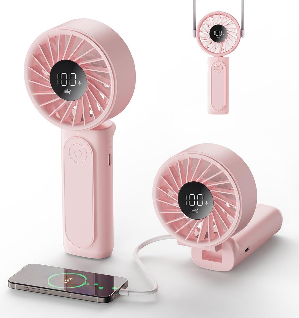 Handheld Portable Fan, 4000mAh USB Rechargeable Personal Fan, 180 Foldable Mini Desk Fan with 6 Wind Speed, LCD Digital Display, Lanyard as Neck Fan, Ultra Quiet (Pink)