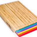 Cooler Kitchen Bamboo Cutting Board Set with 6 Color Coded Flexible Plastic Mats with Food Icons, Labeled Cutting Boards for Kitchen with Holder - BPA-Free Wooden, Dishwasher Safe, Large