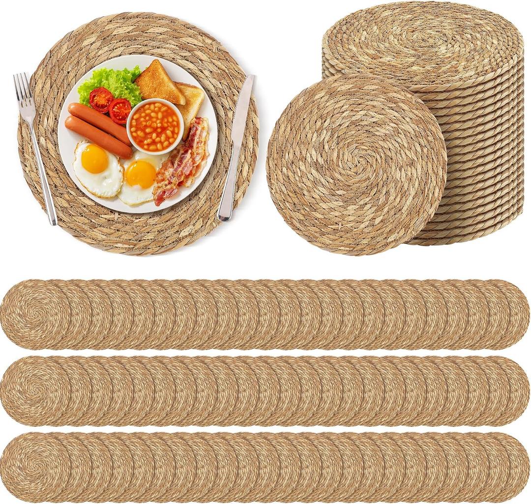 Kochorie Set of 120 Round Woven Placemats 13.8 Inches Bulrush Placemats Natural Hand-Woven Boho Rattan Placemat Wicker Table Mats Farmhouse Weave Place Mats for Home Dining