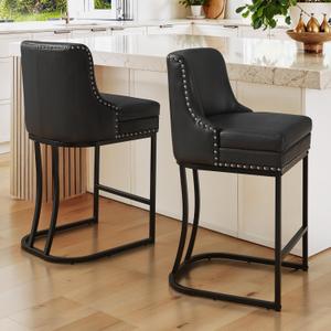 LUE BONA 26" Bar Stools Set of 2, Modern Counter Height Bar Stools with Backrest, Faux Leather Double Upholstered Barstools with Metal Frames for Kitchen Island, Black