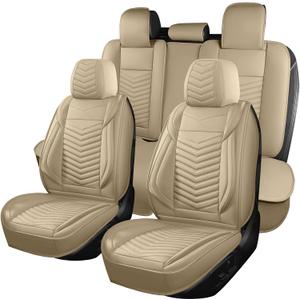 HChengkikz Nappa Leather Car Seat Covers Full Set, Beige Car seat Protector 5 Seats, Waterproof Car Seat Cushion, Universal Automotive Seat Covers Fit for SUV Truck Pick-up Sedan, Front and Rear