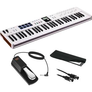 Arturia 231531 KeyLab Essential mk3 61-Key Universal MIDI Controller and Software (White) Bundle with Auray FP-P1L Sustain Pedal, Hosa MID-310 MIDI Cable, and Medium-Size 61-67 Keys Cover for Piano