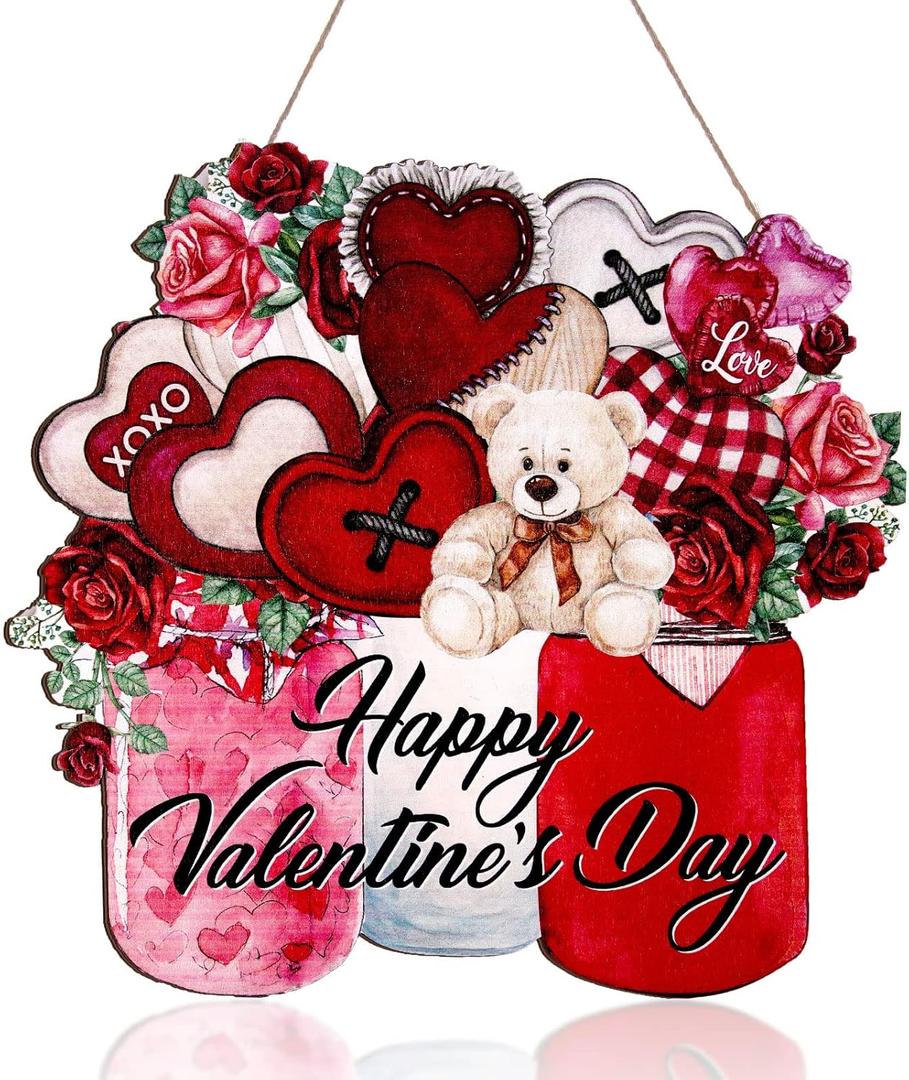 2 x Happy Valentine's Day Sign Happy Valentine's Day Door Sign Wooden Farmhouse Home Sign Welcome Sign with Bear Heat Rose for Porch Farmhouse Happy Valentine's Day Front Door Outdoor Home Decor (a)