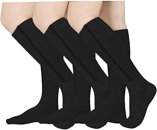 Athbavib 3 Pairs Zipper Compression Socks, 15-20 mmHg Closed Toe Compression Stocking with Zipper for Women and Men XXL