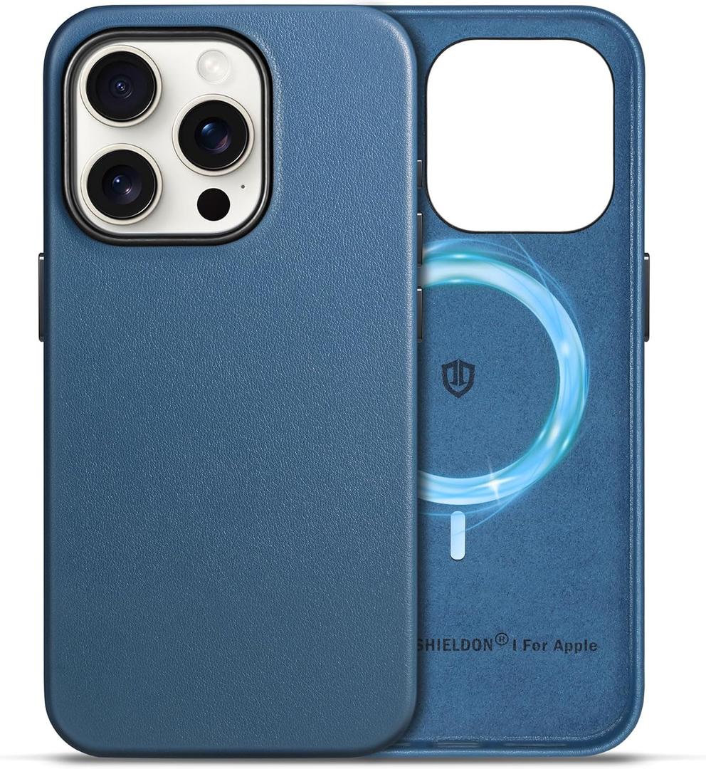SHIELDON Case for iPhone 15 Pro 5G 6.1" 2023, Genuine Leather, Wireless Charging, Magnetic, Slim, Anti-Scratch, Shock-Absorbent Cover with Metal Buttons Compatible with iPhone 15 Pro - Royal Blue
