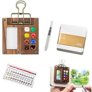 Tobio's Mini Watercolor Kit Pocket Wooden Watercolor Paint Set with 8 Grids Palettes Watercolour Watercolor Pen Sketchbook Travel Paint Kit (1 Set)