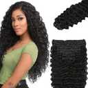 #1B Deep Wave Clip in Hair Extensions,32 Inch Soft Real Human Hair,Natural Black Clip ins 120g 7pcs Per,Brazilian Double Weft Remy #1B Human Hair Extensions