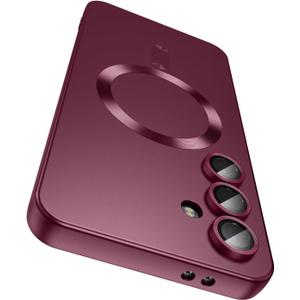 Magnetic for Samsung Galaxy S25 Case [Compatible with MagSafe][Built-in Camera Lens Protector] Slim Soft Silicone Bumper Shockproof Metallic Luster Phone Shell (Burgundy)