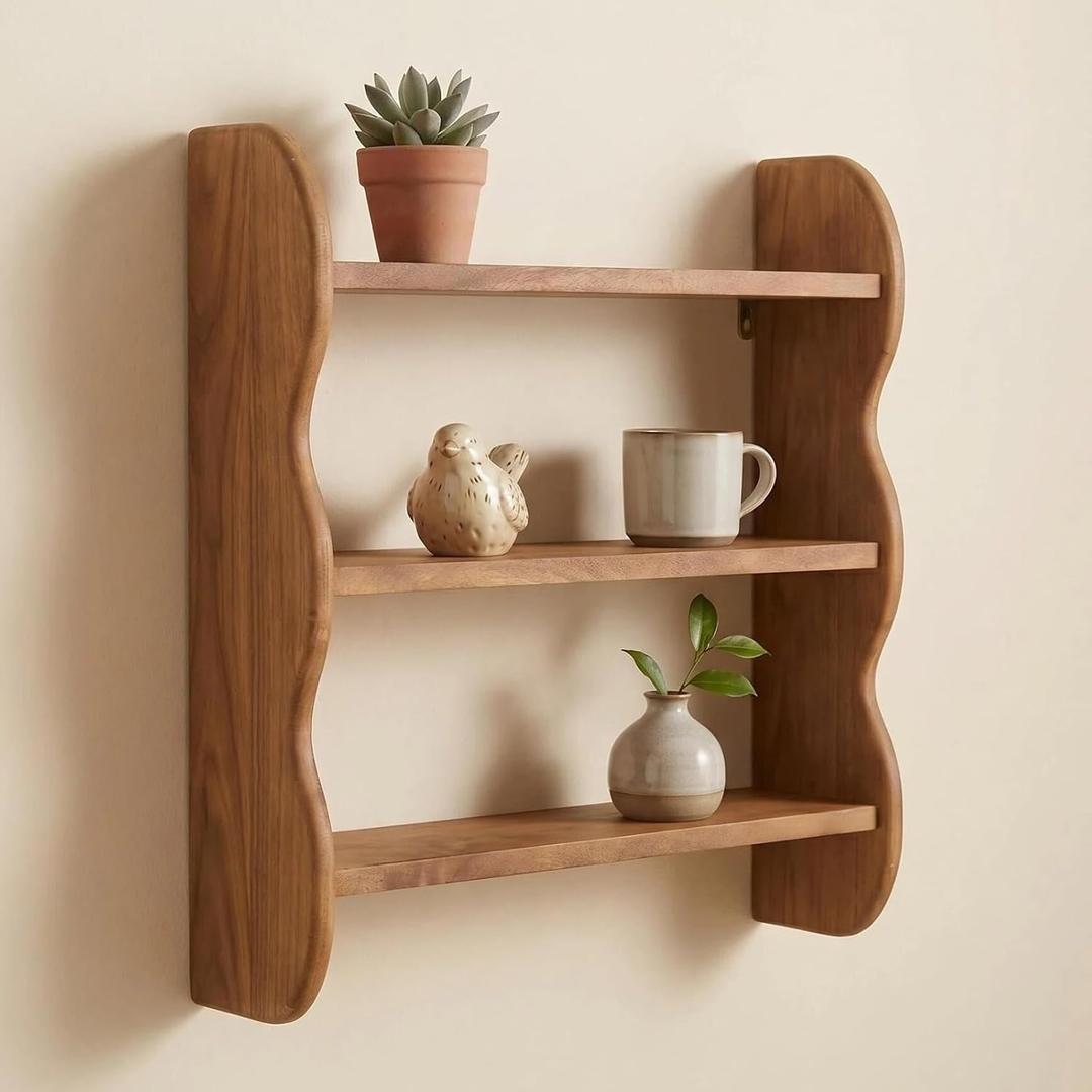3-Tier Wall Mounted Scalloped Shelf 100% Solid Wood, Rustic Floating Trinket Display Shelves for Room, Farmhouse Decor for Apartment, Kitchen and Bedroom, 17.3 x 18.9 Inch, 17.3 X 4.7 X 18.9 Inches