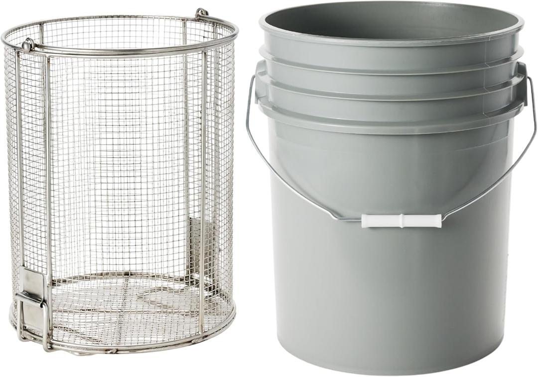 Dip-and-Drain Stainless Steel Parts Cleaning Basket with Swinging Handle 9 1/2" x 12" with 1/4" Mesh Openings (Fits Included 5 Gallon Bucket)