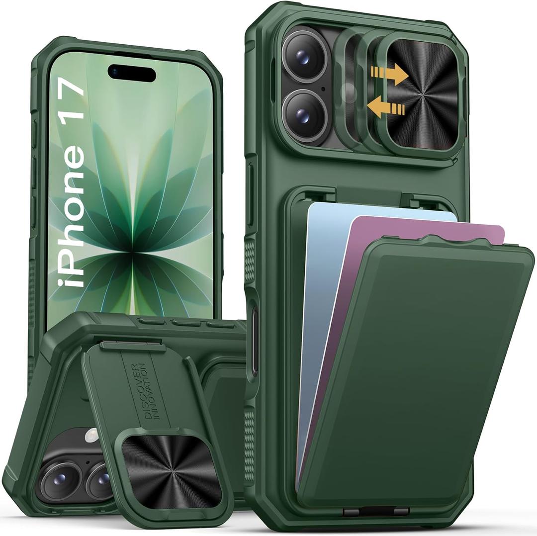 SSLOTSCASE for iPhone 17 Case with Credit Card Holder & Camera Cover Stand & Slide Lens Cover & Wallet, Full-Body Drop Proof Rugged Hard Sturdy Stylish Phone Case Cover for iPhone 17 6.3'' 2025, Green