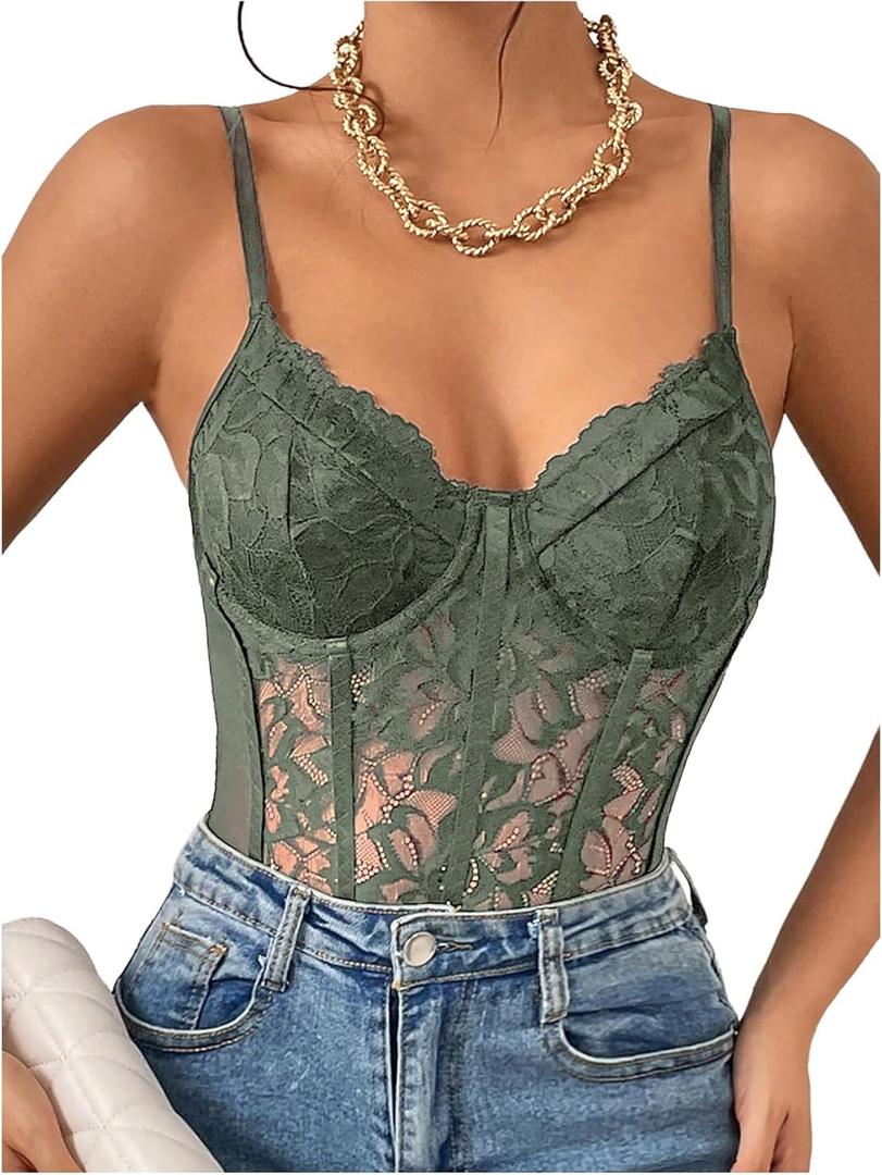 COZYEASE Women's Lace Bustier Cami Bodysuit Plain Sleeveless Slim Fit Sheer Mesh Corset Top Romper (X-Large, Green)