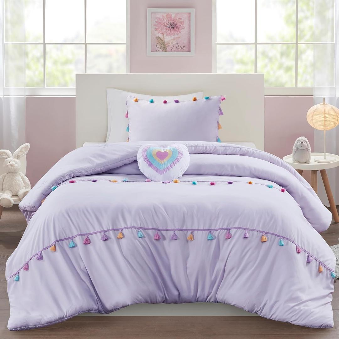 Mi Zone Kids Queen Comforter Set, Fun Multi-Colors Tassel Comforter for Queen Size Bed, All Season Children Bedding Girls Bed Set 4 Piece, Matching Sham & Dcor Pillow, Tessa, Full/Queen, Lavender