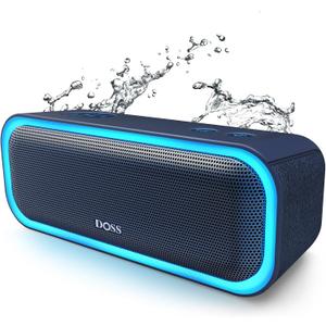 DOSS SoundBox Pro Bluetooth Speaker, 20W Stereo Sound, Active Extra Bass, 20H Playtime, Multi-Colors Lights, Wireless Stereo Pairing, IPX6 Waterproof for Garden, Hiking, Camping, Beach, Party-Blue