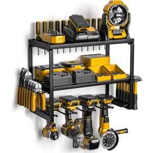 Power Tool Organizer Wall Mount, 3 Layers Storage Rack with 4 Drill Holders, Garage Storage Rack for Handheld, Metal Tool Shelf Utility Rack for Cordless Power Tools, Suitable for Giving men