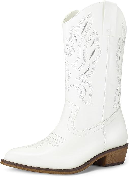 mysoft Women's Western Cowboy Boots Embroidered Mid-Calf Pointed Toe Cowgirl Boot White 6.5