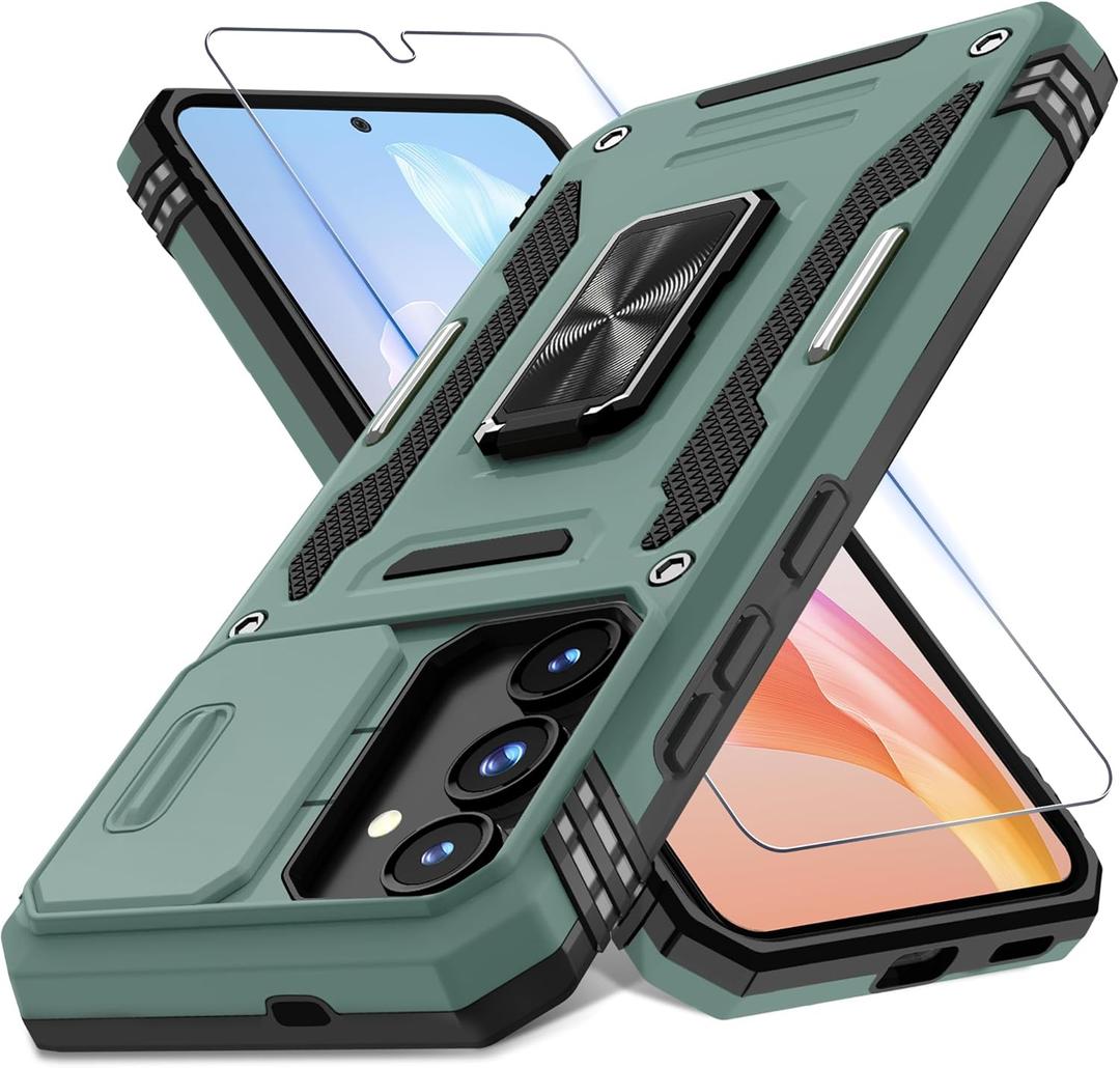 DEERLAMN Case for Samsung Galaxy S25 FE 6.7-Inch with Slide Camera Cover+Screen Protector(1 Pack), Rotated Ring Kickstand Military Grade Shockproof Protective Cover-Green