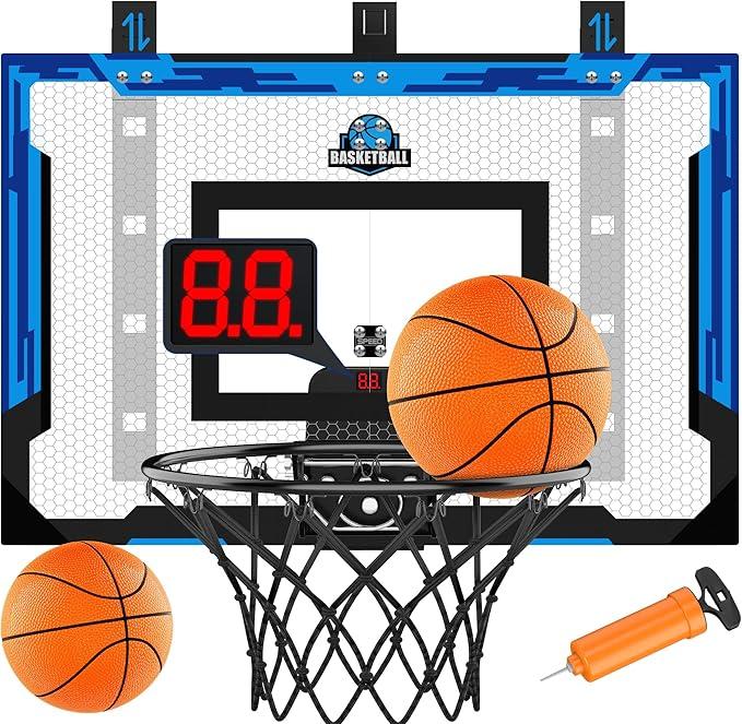 24" x 16" Indoor Large Basketball Hoop Toy  Upgraded Adjustable Height Basketball Hoop Over The Door with Scoreboard/2 Balls, Basketball Toys Christmas Birthday Gifts for Kids & Adults(Blue)