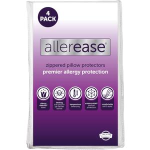 Set of 4 Standard/Queen AllerEase Pillow Protectors - Temperature Balancing, Allergist Recommended - Premium Breathable, Zippered Protectors (Standard/Queen, White)