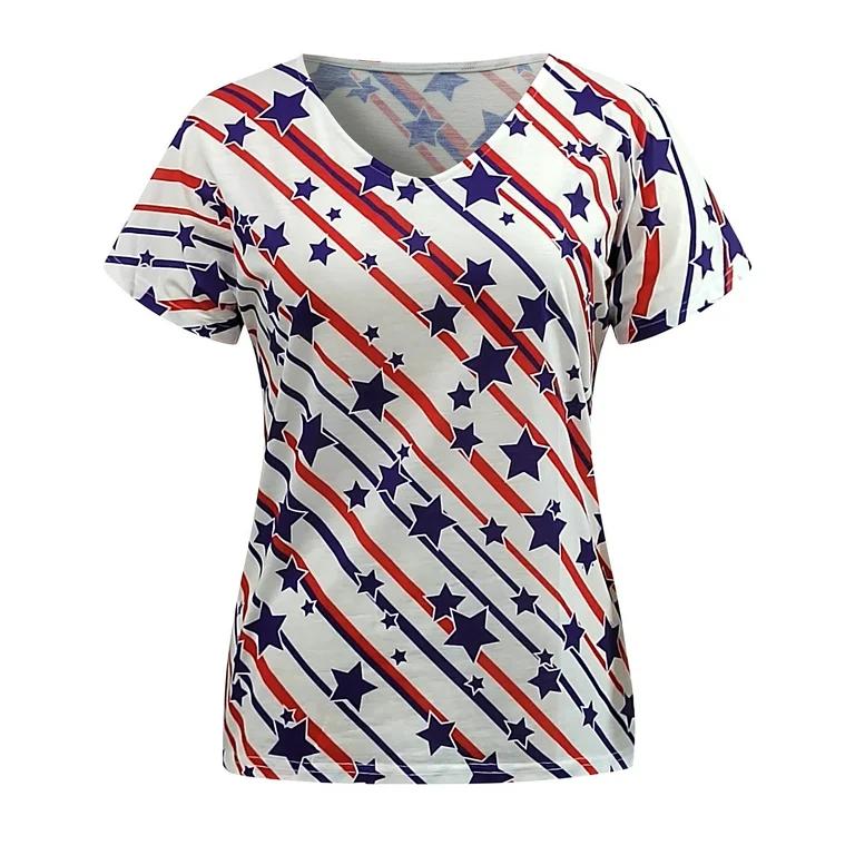 TMSD Women's 4th of July Shirt USA Flag Shirts for Women V Neck Independence Day Tops Stars and Stripes T Shirt, M